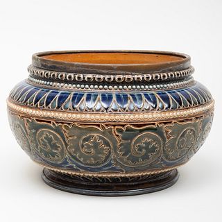 Doulton Lambeth Metal-Mounted Incised Glazed Pottery Low Bowl
