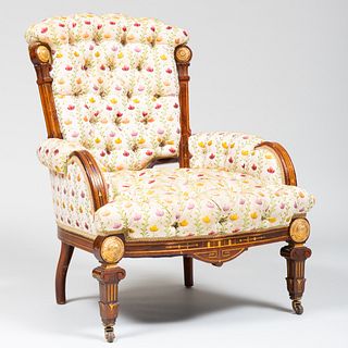 Victorian Gilt-Bronze-Mounted Mahogany and Parcel-Gilt Parlor Chair, Attributed to Pottier and Stymus 