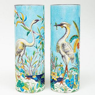 Pair of Longway Vases with Cranes