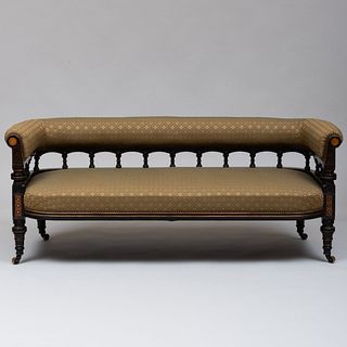 English Aesthetic Movement Inlaid, Ebonized and Upholstered Sofa, Lamb of Manchester  