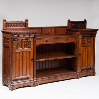 Rare English Reform Gothic Carved Oak Sideboard by Bruce J. Talbert, Stamped Gillow & Co.