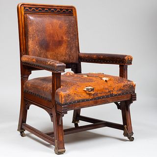English Reform Gothic Oak and Leather Armchair by Bruce Talbert