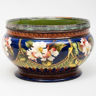 Royal Doulton Metal-Mounted Glazed Earthenware Jardiniere with Flower Decoration