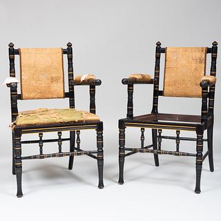 Pair of English Aesthetic Movement Ebonized and Gilt Incised Arm Chairs, Possibly E. W. Godwin