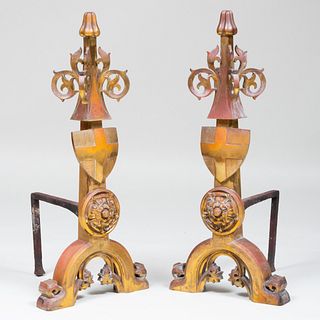 Pair of Large Neo-Gothic Brass Andirons