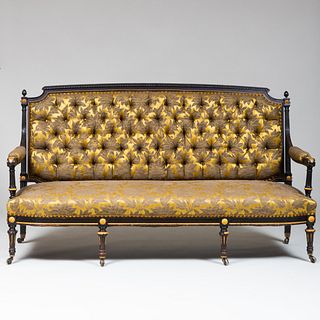 Louis XVI Style Gilt-Metal-Mounted Ebonized Tufted Upholstered Settee