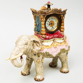 Julius Dressler Majolica Glazed Pottery Elephant Form Table Clock with Ansonia Works