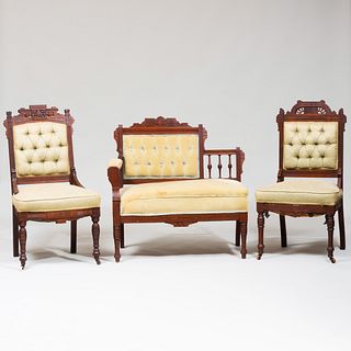 Suite of American Aesthetic Movement Mahogany and Tufted Upholstered Seat Furniture
