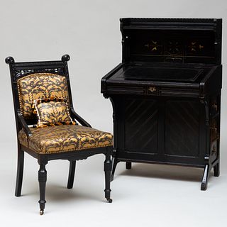 American Aesthetic Movement Ebonized and Parcel-Gilt Davenport Desk and Associated Side Chair