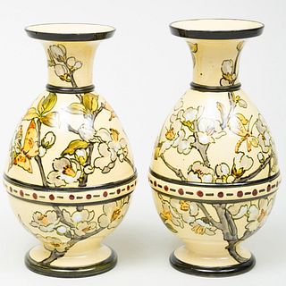 Pair of Doulton Lambeth Faience Vases with Butterfly and Cherry Blossom Decoration