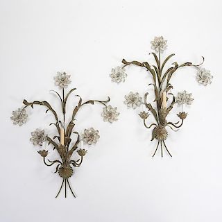 Pair Italian paint decorated floral iron sconces