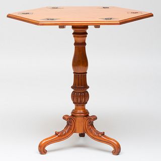 Victorian Style Fruitwood Tripod Table Inlaid with Tiffany Tiles