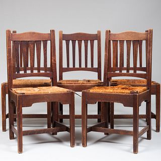 Set of Five Mission Oak Side Chairs with Rush Seats, L & J. G. Stickley