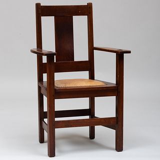 Mission Oak and Embossed Leather Armchair