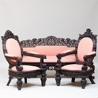 Chinese Export Carved Hardwood and Upholstered Parlor Set