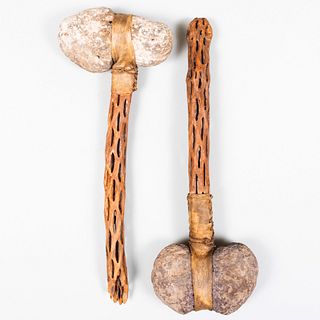Pair of Wood, Stone and Hide War Clubs