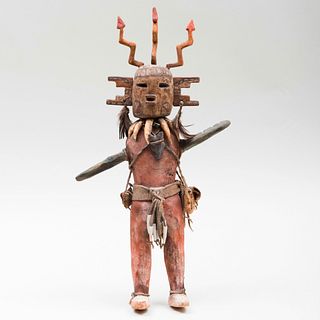 Folk Art Painted Wood and Hide Zig-Zag Lightening Kachina Doll