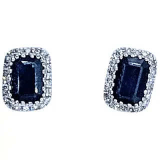 Beautiful Dark Blue Sapphire & Diamond Halo Stud Earrings