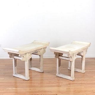 Pair Mandarin style white washed console tables