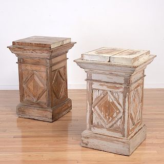 Nice pair architectural limed wood pedestals