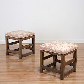 Pair English upholstered oak stools