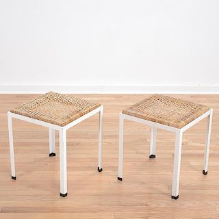 Pair Danny Ho Fong caned steel stools