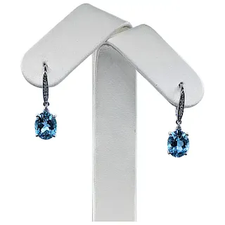 Bright Blue Topaz & Diamond Dangle Earrings