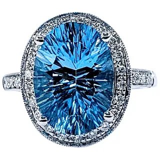 Unique "Laser Cut" Blue Topaz & Diamond Halo Cocktail Ring