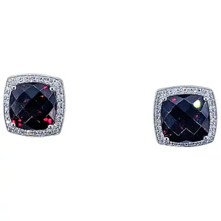 Rich Red Garnet & Diamond Halo Stud Earrings