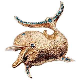 Custom Made Dolphin Brooch with Blue Diamonds