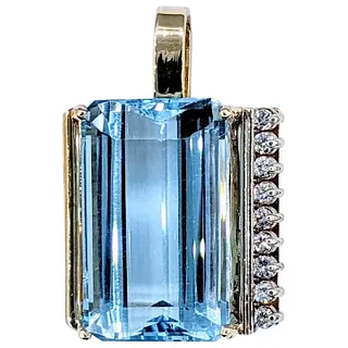 Huge Blue Topaz & Diamond Pendant - 14K Gold