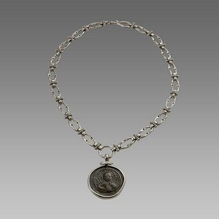 Ancient Byzantine Bronze coin set in Silver Necklace 1078-1081 CE.