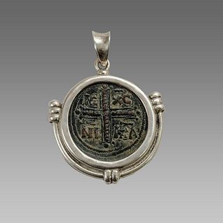 Ancient Byzantine Bronze coin set in Silver Pendant c.10th century AD. 