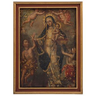 VIRGEN DE LA LUZ ANÓNIMO, MÉXICO, SIGLO XVIII Óleo y brocateado dorado sobre tela Detalles de conservación. | VIRGEN DE LA LUZ ANONYMOUS, MEXICO, 18th