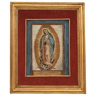 VIRGEN DE GUADALUPE MÉXICO, FINALES DEL SIGLO XVIII Grabado coloreado al óleo Detalles de conservación. | VIRGEN DE GUADALUPE MEXICO, LATE 18TH CENTUR