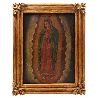 ANÓNIMO. Vírgen de Guadalupe. Óleo sobre tela. 107 x 75 cm. Detalles de conservación en lienzo. Enmarcado.