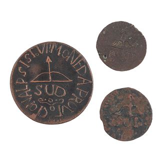 Morelos y Pavón, José María. 2 y 8 Reales "SUD". México, 1812. Monedas en cobre. Anverso: Monograma de Morelos "8. R. 1812".