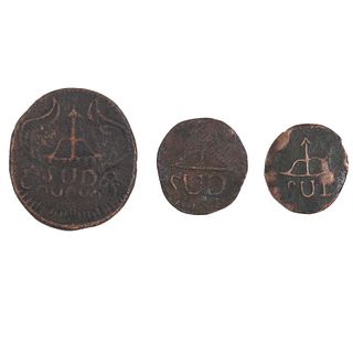 Morelos y Pavón, José María. 2 y 8 Reales "SUD". México 1812. Monedas en cobre. Anverso: Monograma de Morelos "8. R. 1814". "2. R. 1812