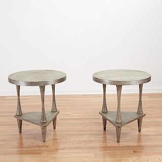 Pair James Mont silvered wood end tables