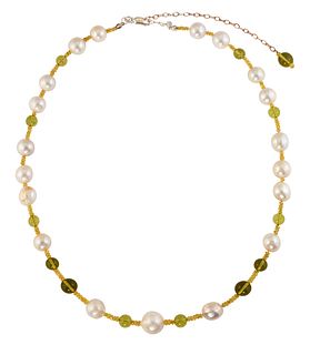 A CULTURED PEARL AND GEMSTONE BEAD NECKLACE, off-round cult