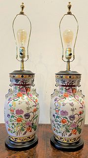 Pair Oriental Floral Porcelain Lamps