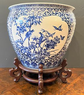 Oversized Blue & White Chinese Porcelain Fish Bowl