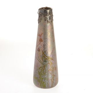 Loetz copper mounted iridescent glass vase