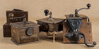 Five tin, iron, and wood coffee grinders, 19th c.