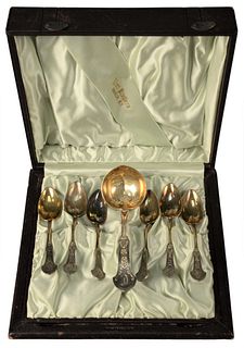 Sterling Silver Berry Set, having serving spoon with six matching spoons in fitted leather case, 3.9 t.oz.