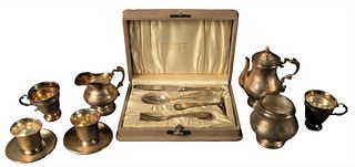 Childs Silver Nine Piece Tea Set,to include child's set with spoon, fork, knife and push in fitted box, (some small dents) tallest 4 1/4", 12 t.oz.