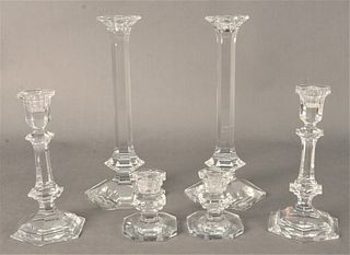 Six Piece Clear Glass Lot, to include a pair of Val St. Lambert candlesticks, along with two pairs of Baccarat candlesticks, tallest 11 1/2 inches, Pr