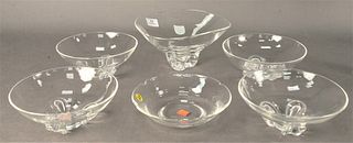 Group of Six Steuben Crystal Bowls, five having footed bases, height 4 3/4 inches, largest diameter 9 1/2 inches.