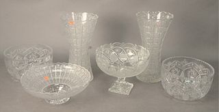 Group of Large Bohemian Glass Pieces, to include a pair of bowls, pair of vases, and two center bowls, tallest height 16 inches.