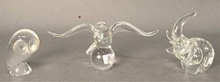 Three Piece Steuben Art Glass Lot, to include a seagull, an elephant, and an owl, each marked to the underside.
